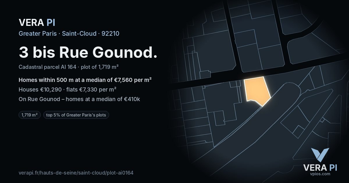 3 bis Rue Gounod, Saint-Cloud at night – the plot lit, the parcels around coloured by the prices near them