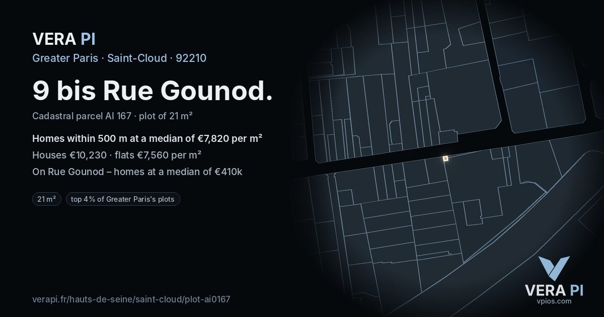 9 bis Rue Gounod, Saint-Cloud at night – the plot lit, the parcels around coloured by the prices near them