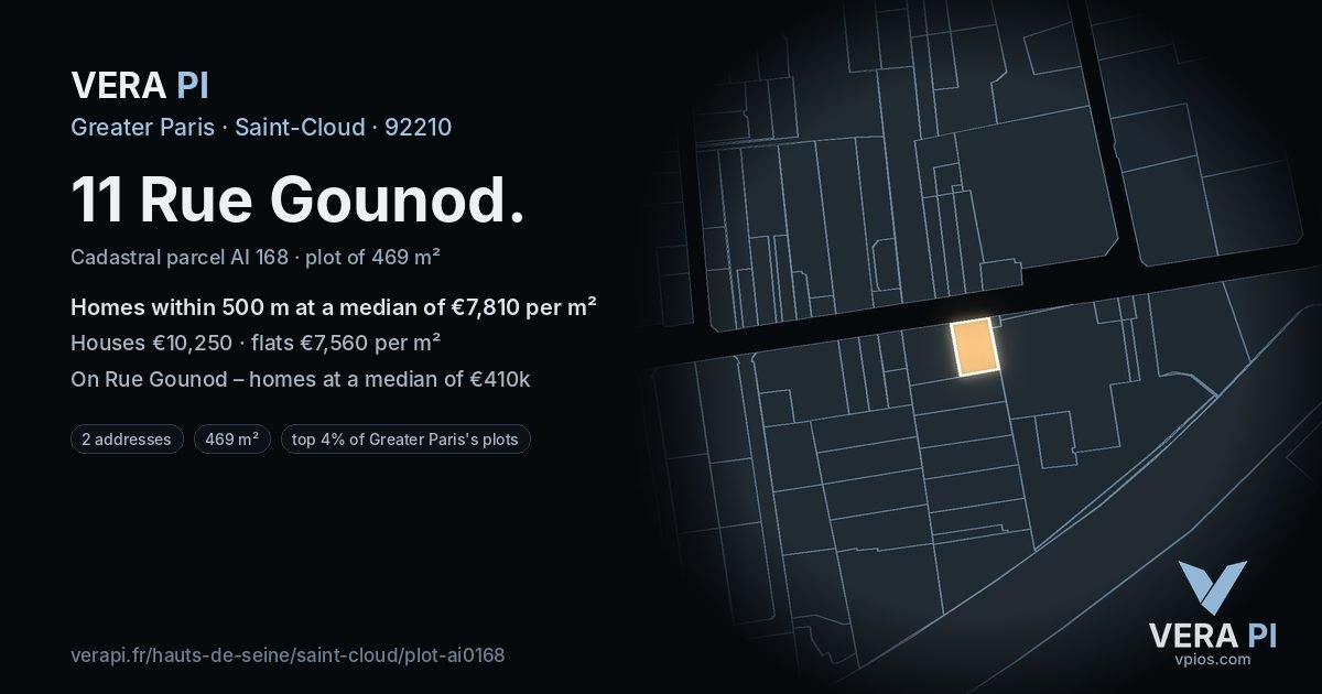 11 Rue Gounod, Saint-Cloud at night – the plot lit, the parcels around coloured by the prices near them
