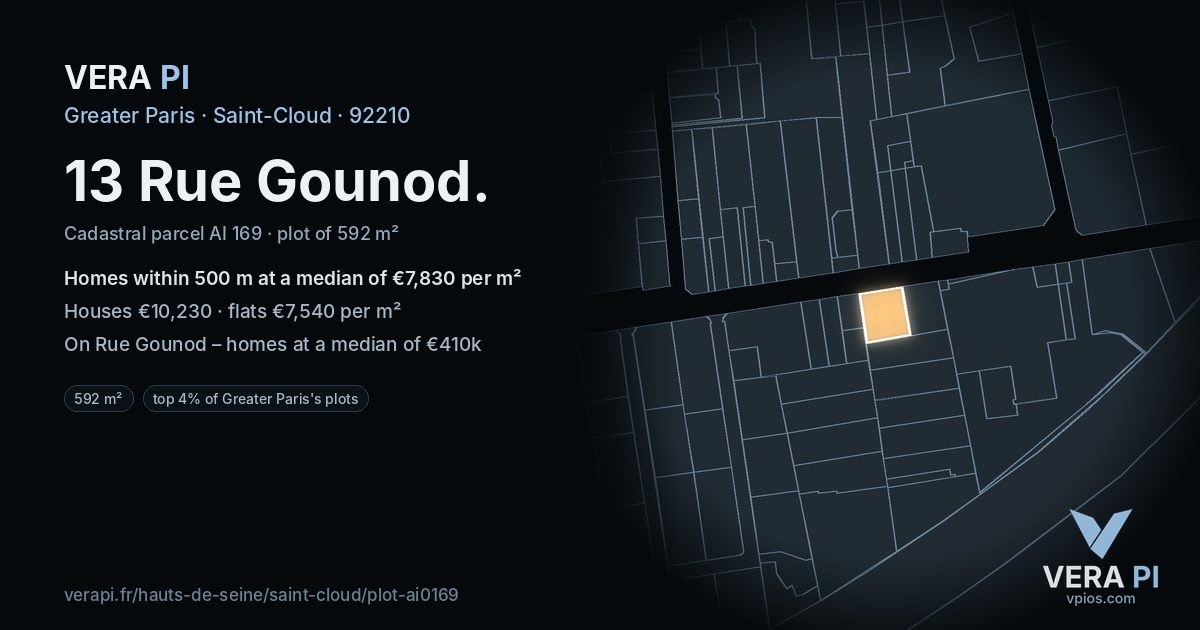 13 Rue Gounod, Saint-Cloud at night – the plot lit, the parcels around coloured by the prices near them