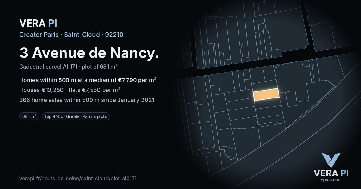 3 Avenue de Nancy, Saint-Cloud at night – the plot lit, the parcels around coloured by the prices near them