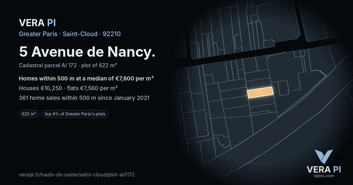 5 Avenue de Nancy, Saint-Cloud at night – the plot lit, the parcels around coloured by the prices near them