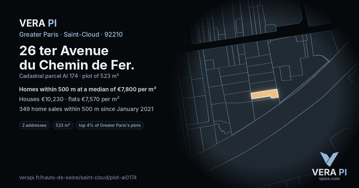 26 ter Avenue du Chemin de Fer, Saint-Cloud at night – the plot lit, the parcels around coloured by the prices near them