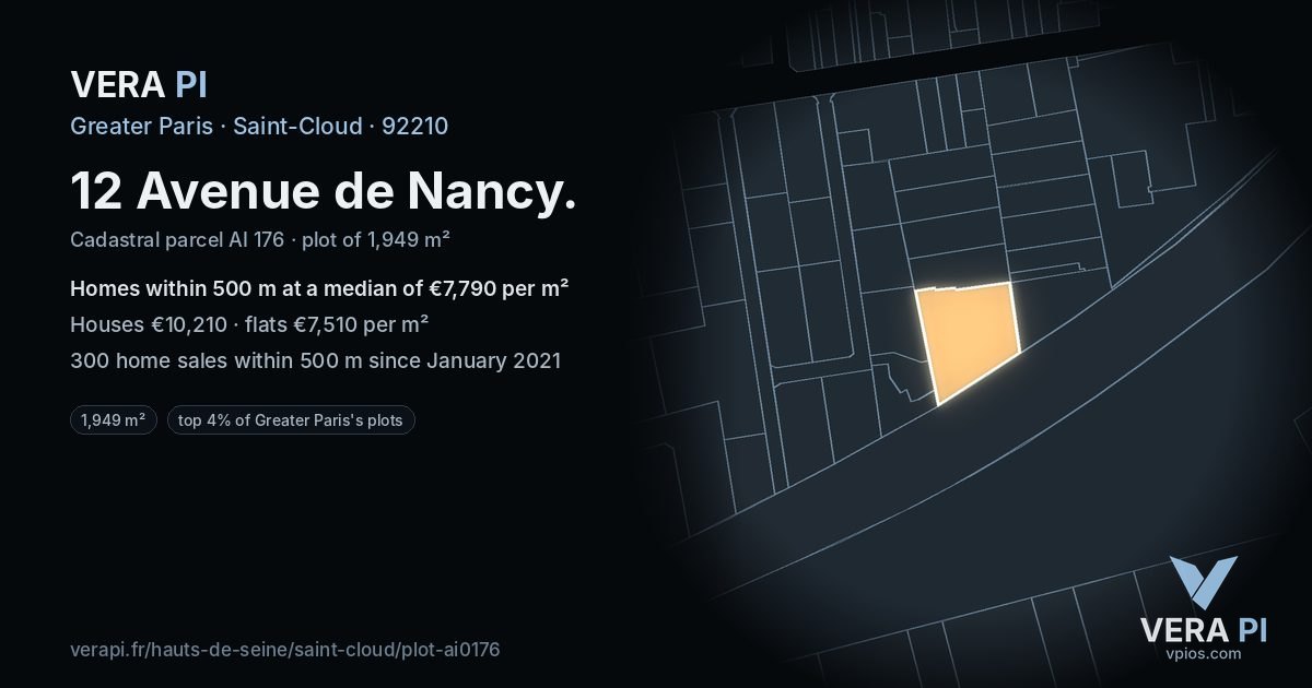 12 Avenue de Nancy, Saint-Cloud at night – the plot lit, the parcels around coloured by the prices near them