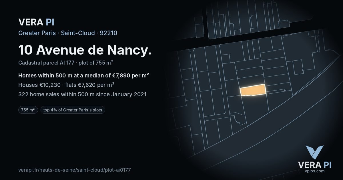 10 Avenue de Nancy, Saint-Cloud at night – the plot lit, the parcels around coloured by the prices near them