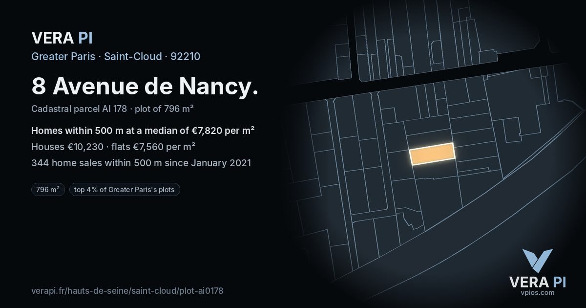 8 Avenue de Nancy, Saint-Cloud at night – the plot lit, the parcels around coloured by the prices near them