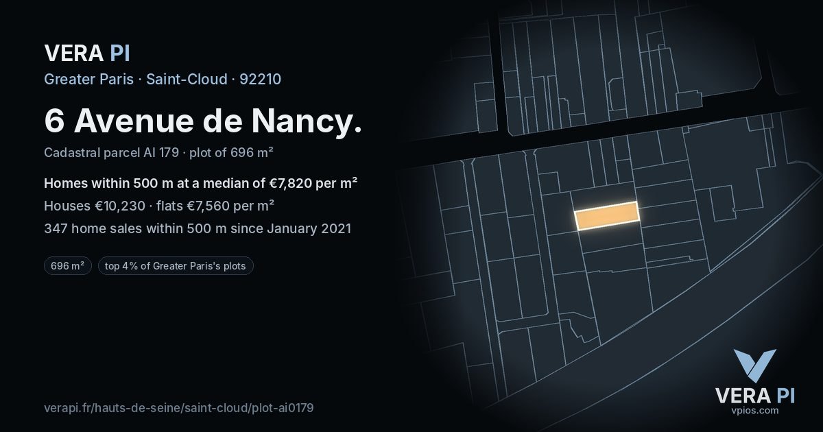 6 Avenue de Nancy, Saint-Cloud at night – the plot lit, the parcels around coloured by the prices near them