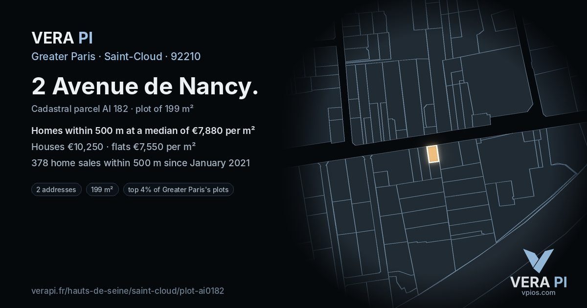 2 Avenue de Nancy, Saint-Cloud at night – the plot lit, the parcels around coloured by the prices near them