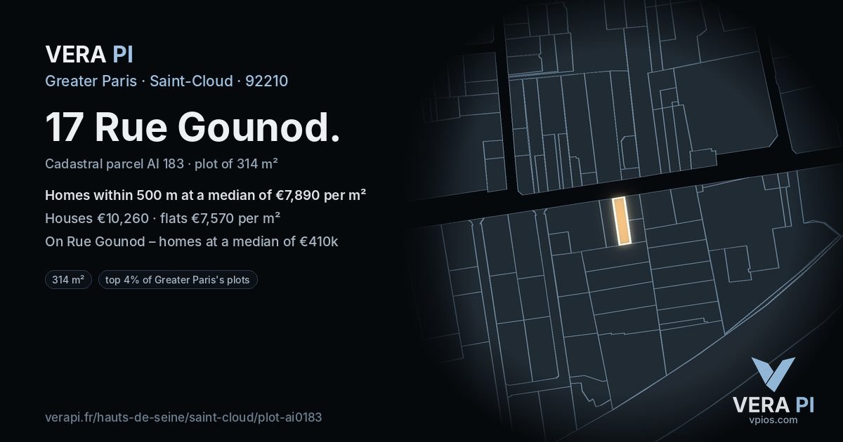17 Rue Gounod, Saint-Cloud at night – the plot lit, the parcels around coloured by the prices near them