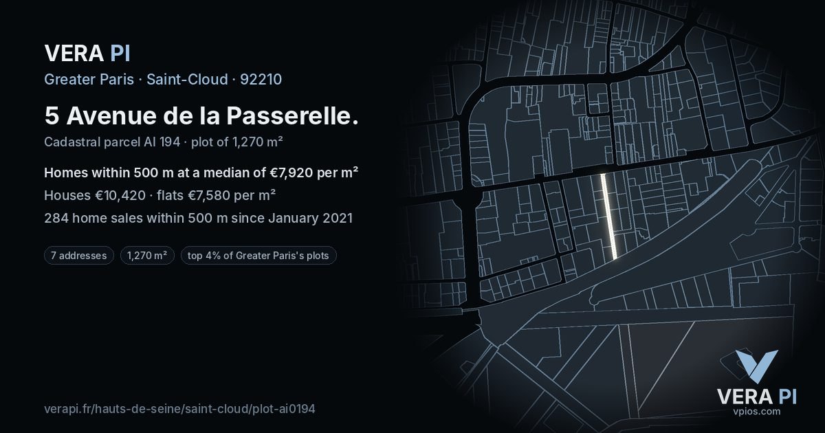 5 Avenue de la Passerelle, Saint-Cloud at night – the plot lit, the parcels around coloured by the prices near them