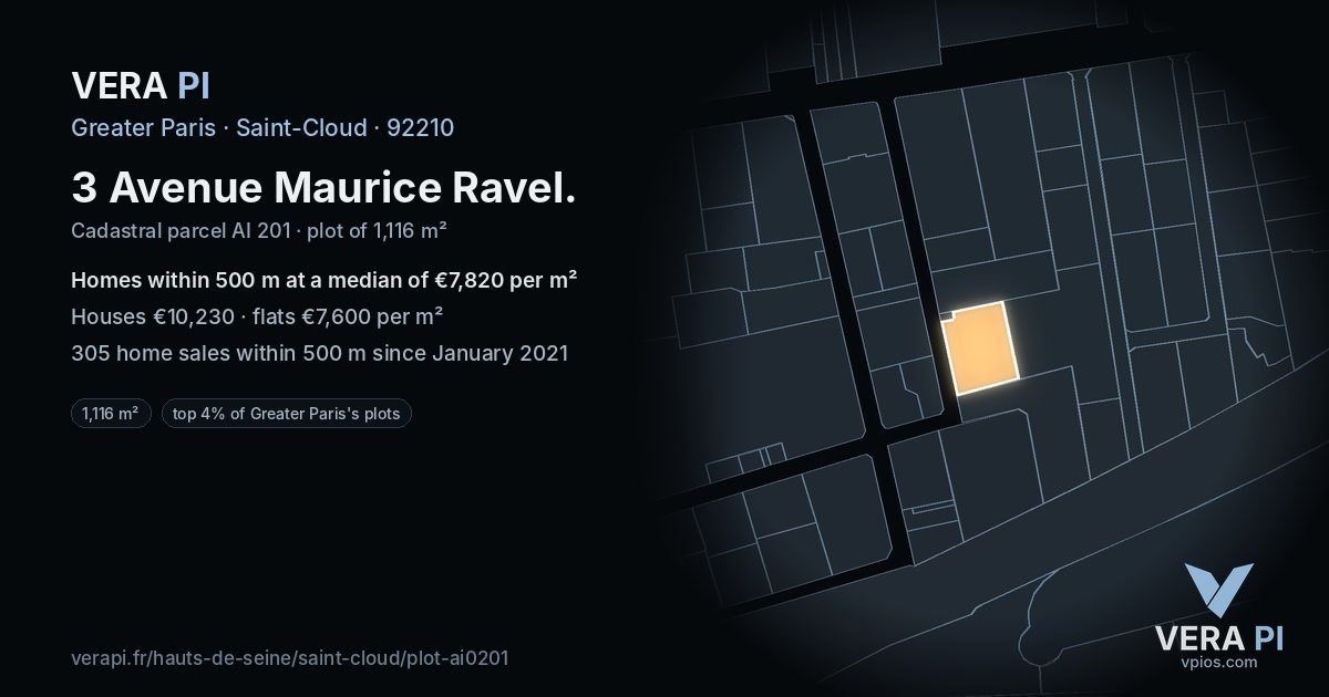 3 Avenue Maurice Ravel, Saint-Cloud at night – the plot lit, the parcels around coloured by the prices near them