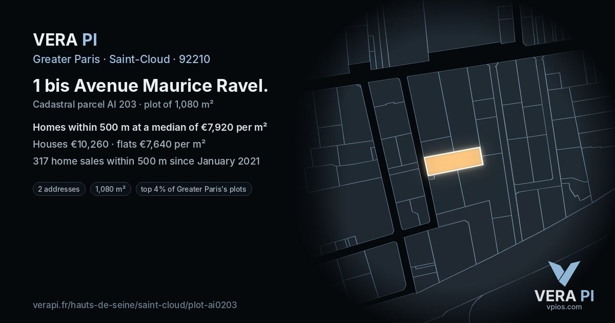 1 bis Avenue Maurice Ravel, Saint-Cloud at night – the plot lit, the parcels around coloured by the prices near them