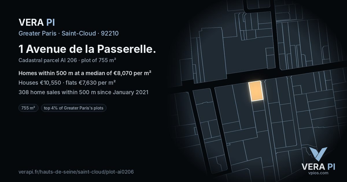 1 Avenue de la Passerelle, Saint-Cloud at night – the plot lit, the parcels around coloured by the prices near them