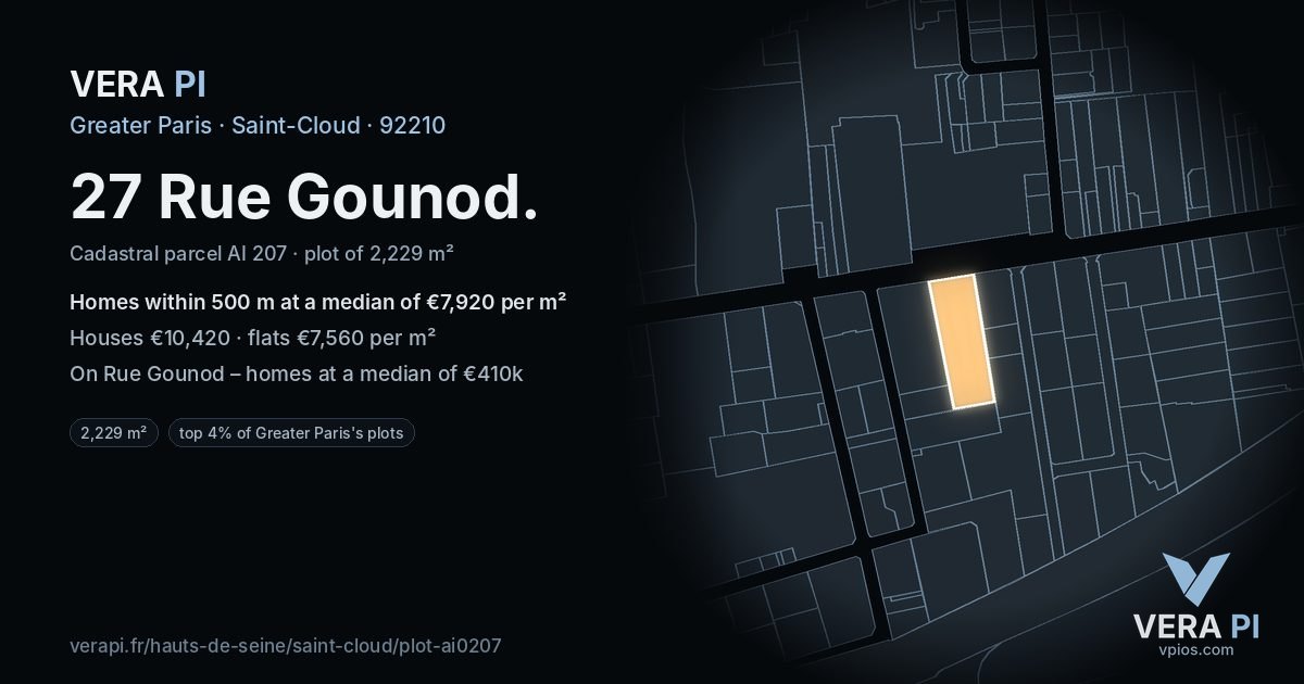 27 Rue Gounod, Saint-Cloud at night – the plot lit, the parcels around coloured by the prices near them