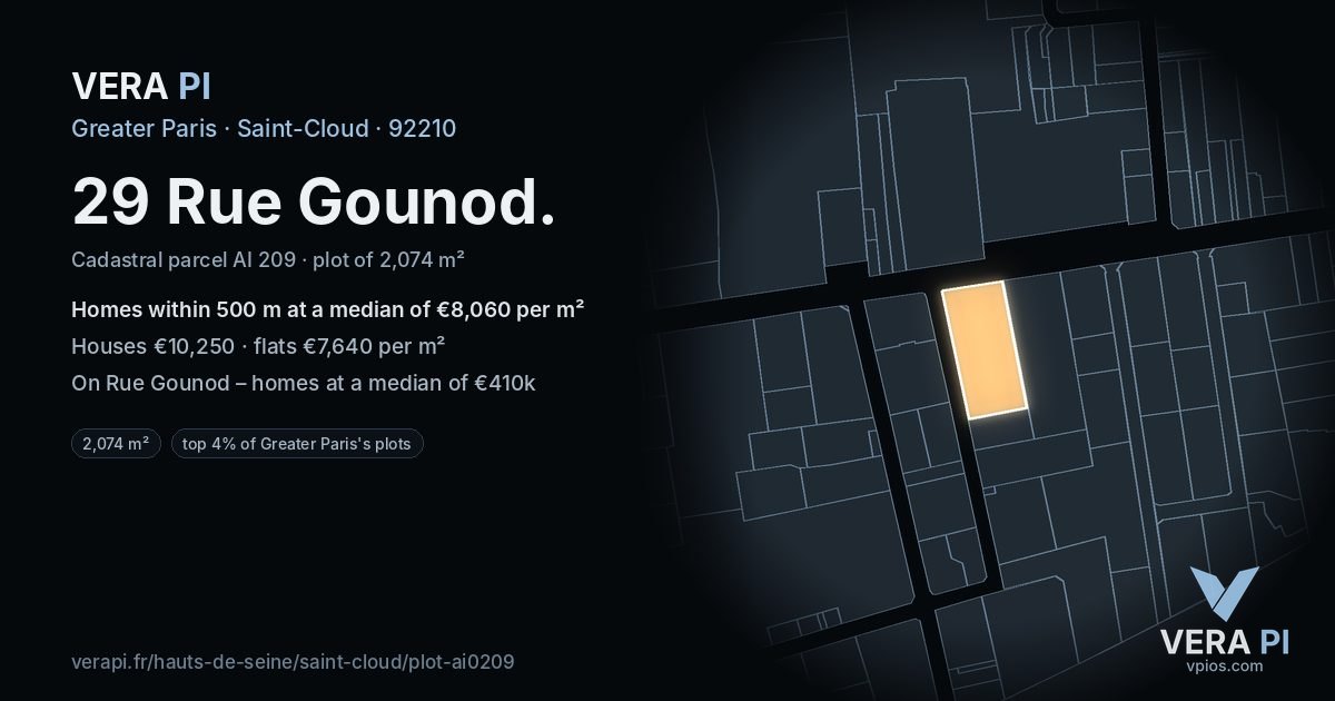29 Rue Gounod, Saint-Cloud at night – the plot lit, the parcels around coloured by the prices near them