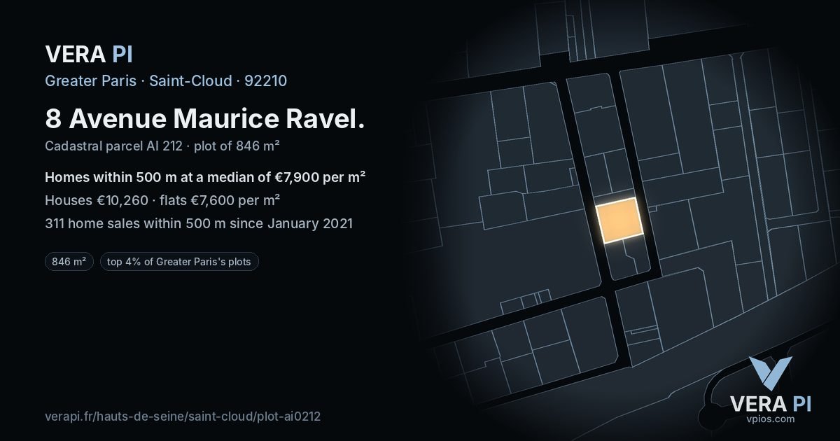 8 Avenue Maurice Ravel, Saint-Cloud at night – the plot lit, the parcels around coloured by the prices near them