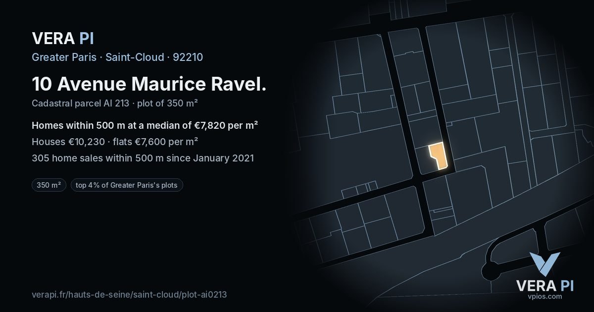 10 Avenue Maurice Ravel, Saint-Cloud at night – the plot lit, the parcels around coloured by the prices near them