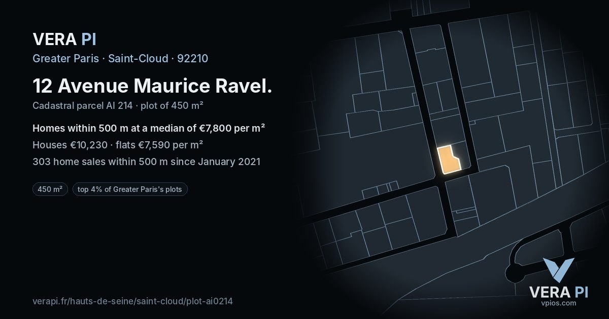 12 Avenue Maurice Ravel, Saint-Cloud at night – the plot lit, the parcels around coloured by the prices near them