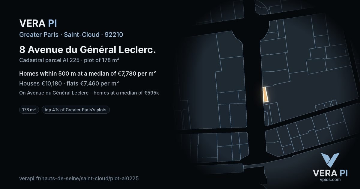 8 Avenue du Général Leclerc, Saint-Cloud at night – the plot lit, the parcels around coloured by the prices near them