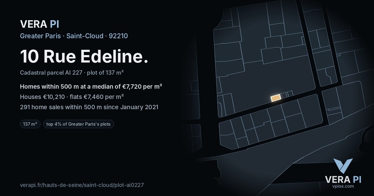 10 Rue Edeline, Saint-Cloud at night – the plot lit, the parcels around coloured by the prices near them