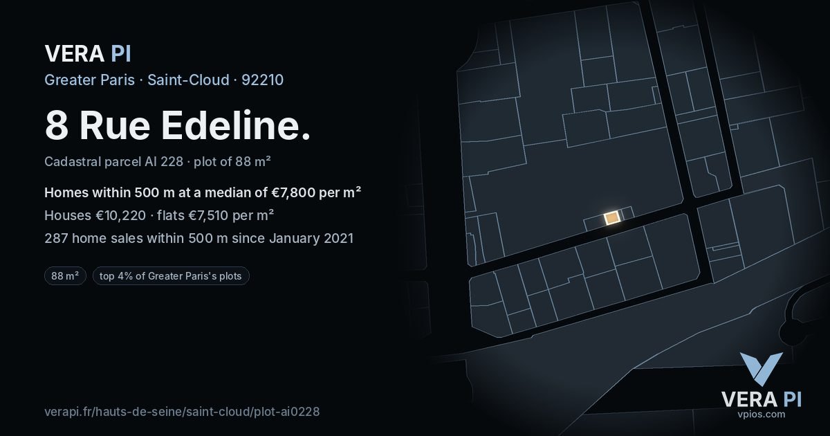 8 Rue Edeline, Saint-Cloud at night – the plot lit, the parcels around coloured by the prices near them