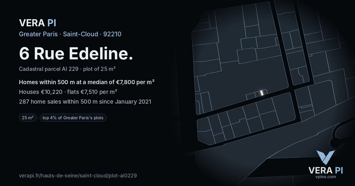 6 Rue Edeline, Saint-Cloud at night – the plot lit, the parcels around coloured by the prices near them