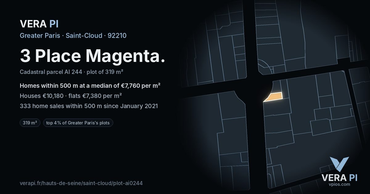 3 Place Magenta, Saint-Cloud at night – the plot lit, the parcels around coloured by the prices near them