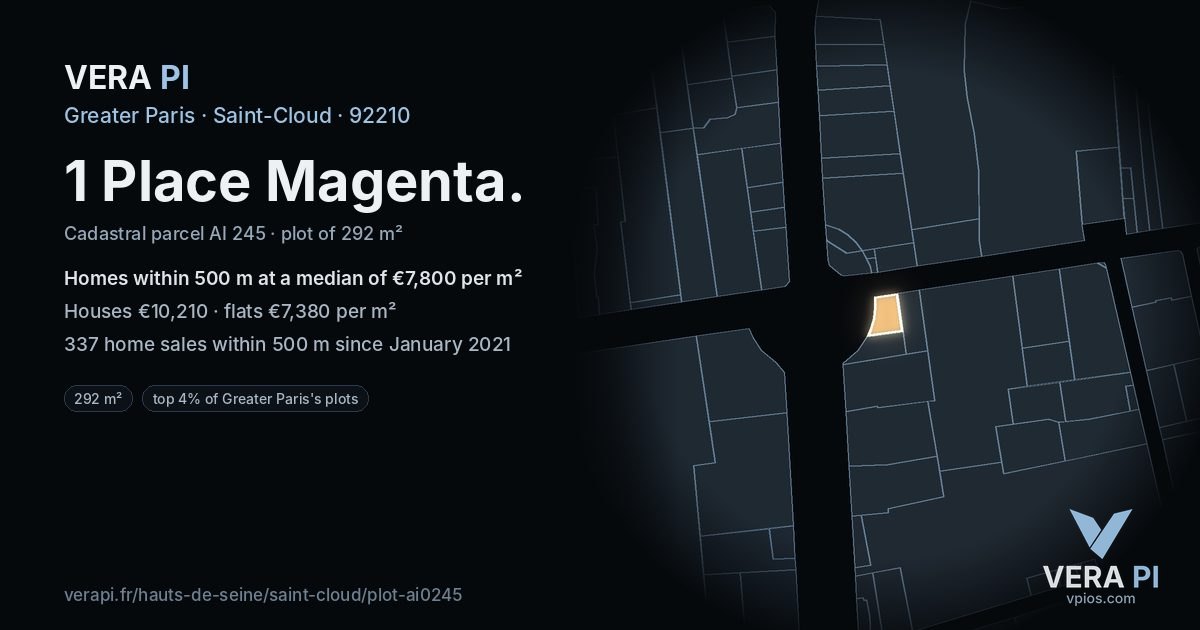 1 Place Magenta, Saint-Cloud at night – the plot lit, the parcels around coloured by the prices near them