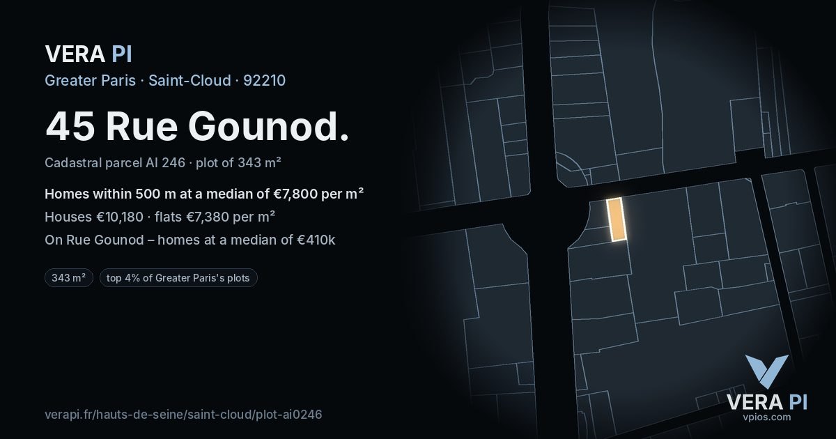 45 Rue Gounod, Saint-Cloud at night – the plot lit, the parcels around coloured by the prices near them
