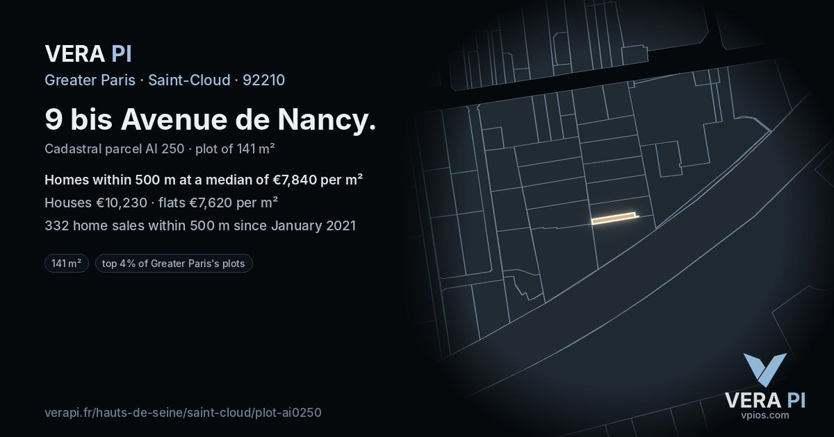 9 bis Avenue de Nancy, Saint-Cloud at night – the plot lit, the parcels around coloured by the prices near them
