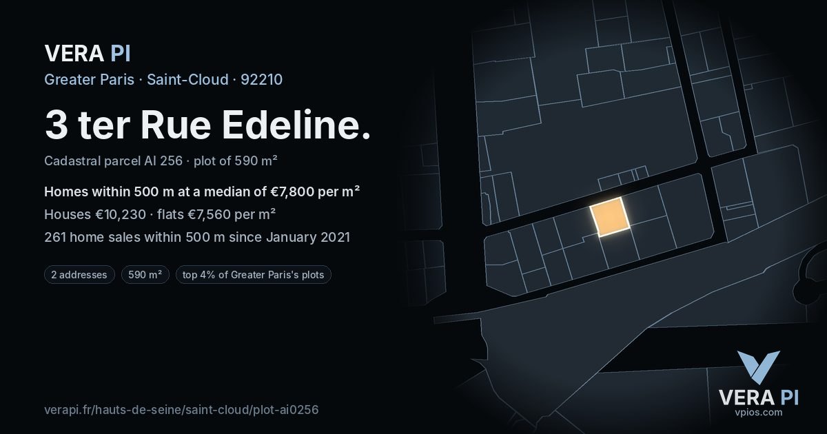 3 ter Rue Edeline, Saint-Cloud at night – the plot lit, the parcels around coloured by the prices near them