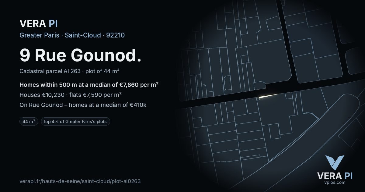 9 Rue Gounod, Saint-Cloud at night – the plot lit, the parcels around coloured by the prices near them