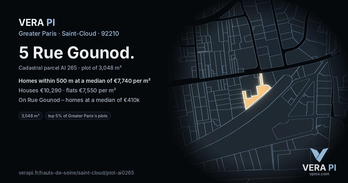 5 Rue Gounod, Saint-Cloud at night – the plot lit, the parcels around coloured by the prices near them