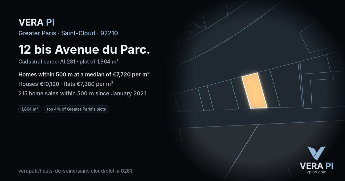 12 bis Avenue du Parc, Saint-Cloud at night – the plot lit, the parcels around coloured by the prices near them