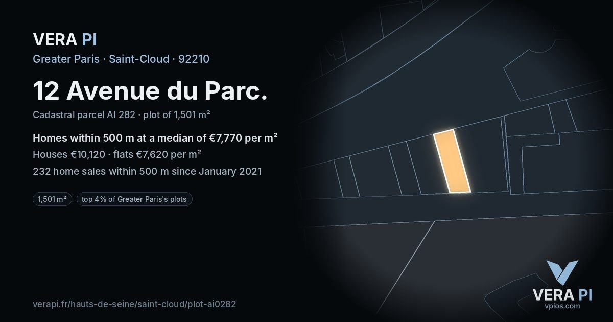 12 Avenue du Parc, Saint-Cloud at night – the plot lit, the parcels around coloured by the prices near them