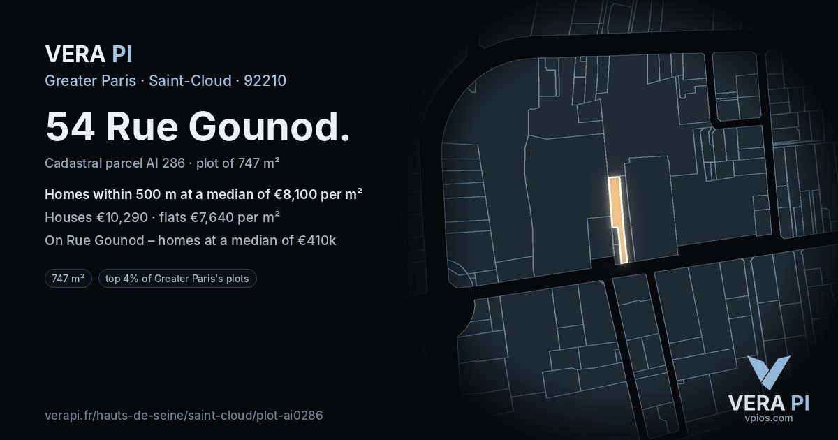 54 Rue Gounod, Saint-Cloud at night – the plot lit, the parcels around coloured by the prices near them