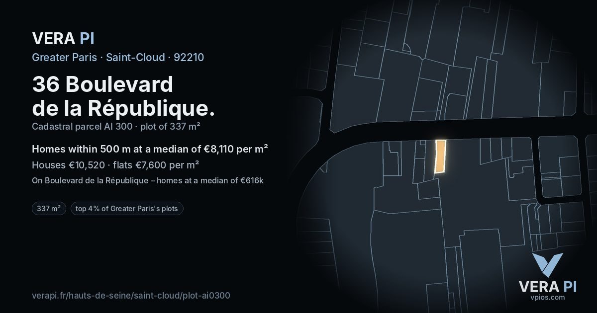 36 Boulevard de la République, Saint-Cloud at night – the plot lit, the parcels around coloured by the prices near them