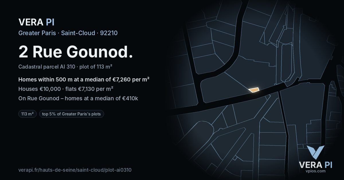2 Rue Gounod, Saint-Cloud at night – the plot lit, the parcels around coloured by the prices near them