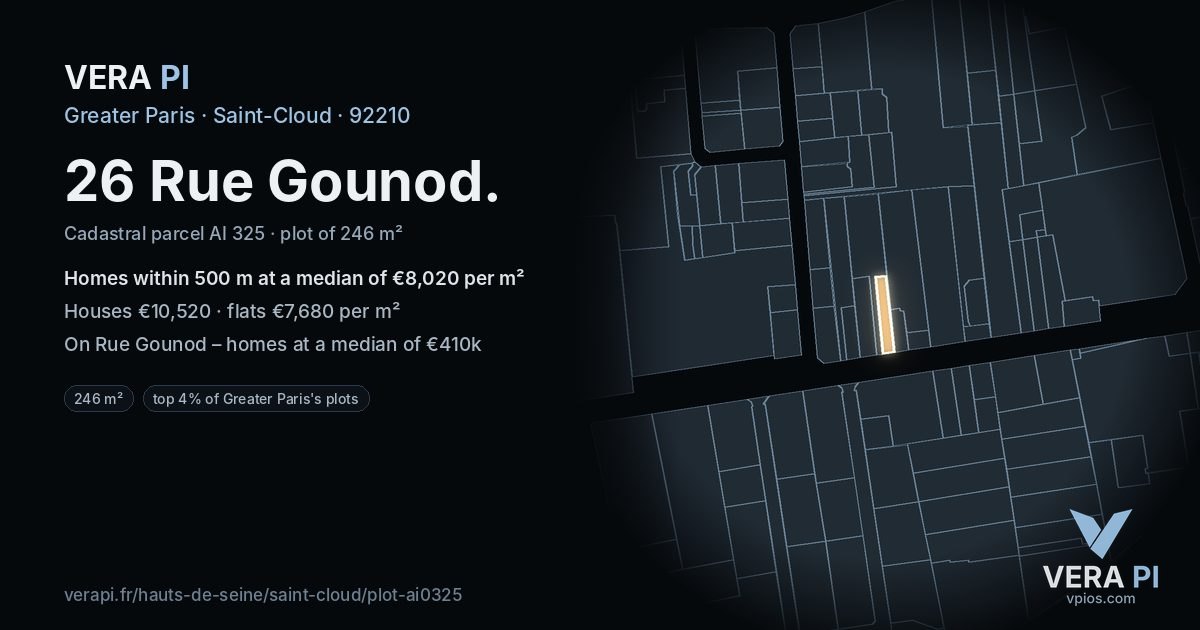 26 Rue Gounod, Saint-Cloud at night – the plot lit, the parcels around coloured by the prices near them