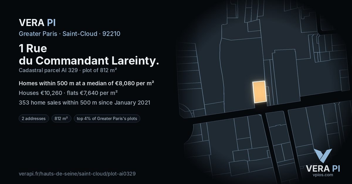 1 Rue du Commandant Lareinty, Saint-Cloud at night – the plot lit, the parcels around coloured by the prices near them