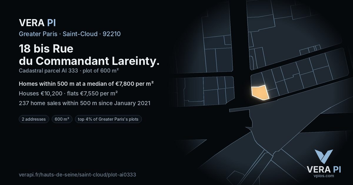 18 bis Rue du Commandant Lareinty, Saint-Cloud at night – the plot lit, the parcels around coloured by the prices near them