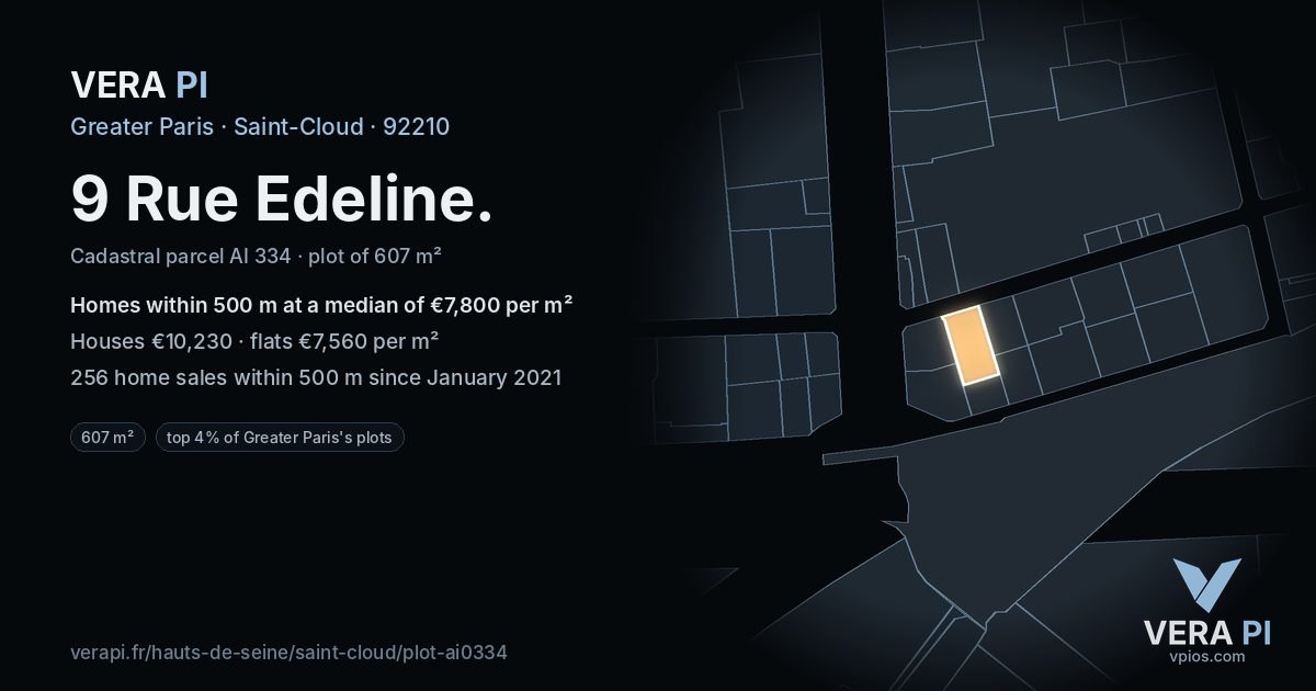 9 Rue Edeline, Saint-Cloud at night – the plot lit, the parcels around coloured by the prices near them