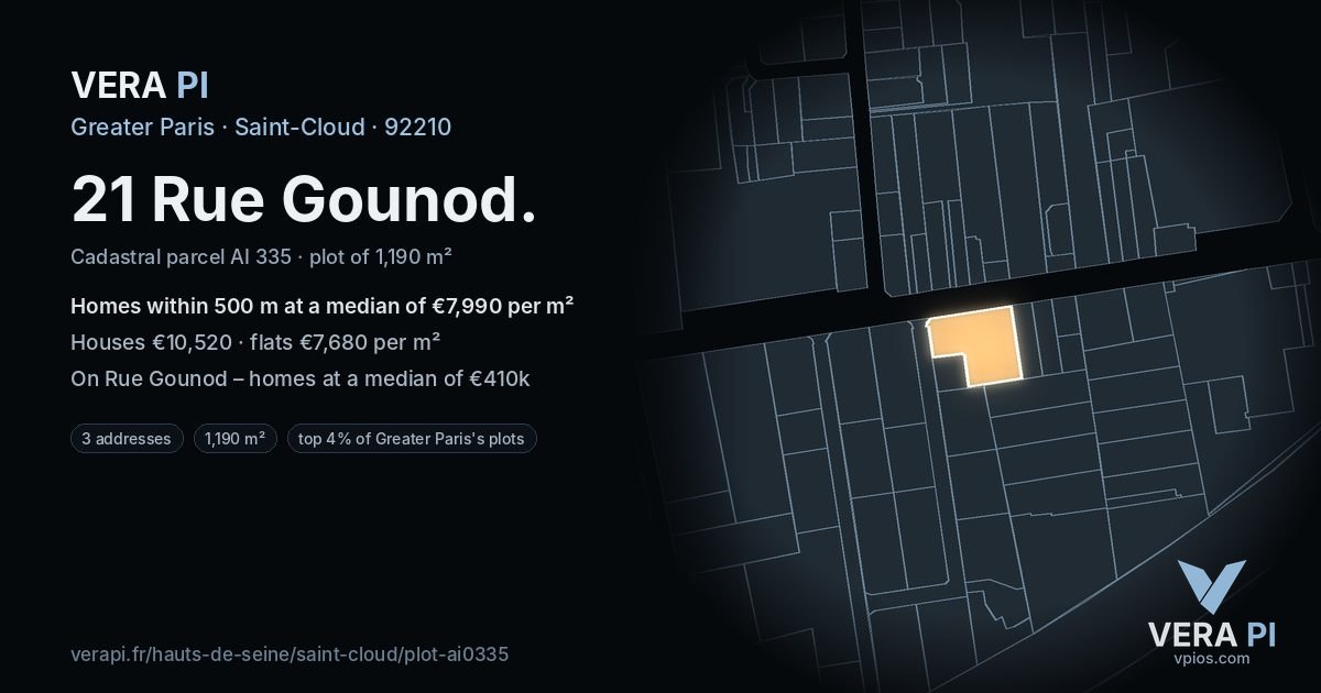21 Rue Gounod, Saint-Cloud at night – the plot lit, the parcels around coloured by the prices near them