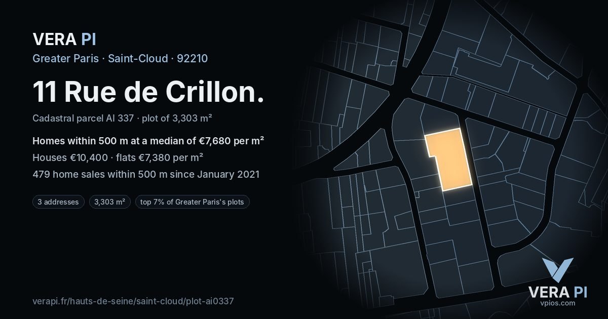 11 Rue de Crillon, Saint-Cloud at night – the plot lit, the parcels around coloured by the prices near them