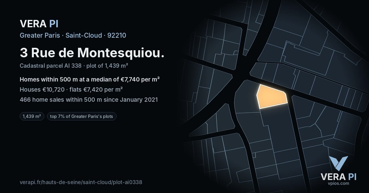 3 Rue de Montesquiou, Saint-Cloud at night – the plot lit, the parcels around coloured by the prices near them