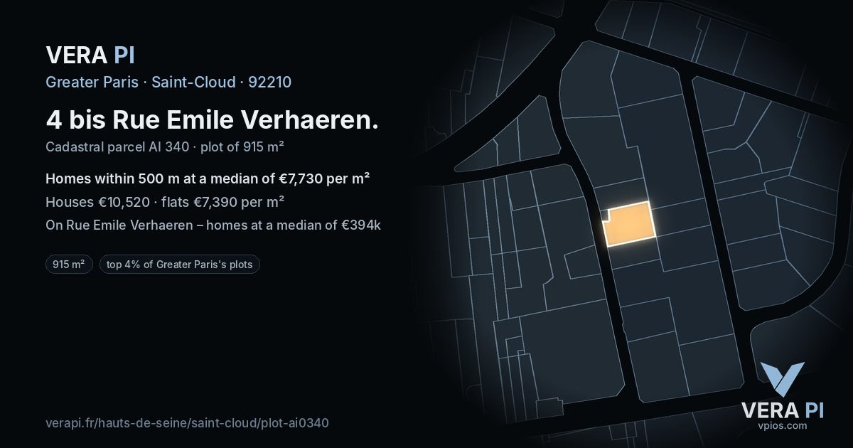 4 bis Rue Emile Verhaeren, Saint-Cloud at night – the plot lit, the parcels around coloured by the prices near them