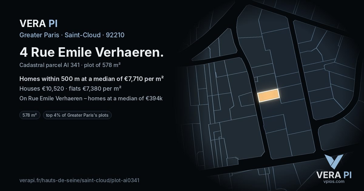 4 Rue Emile Verhaeren, Saint-Cloud at night – the plot lit, the parcels around coloured by the prices near them