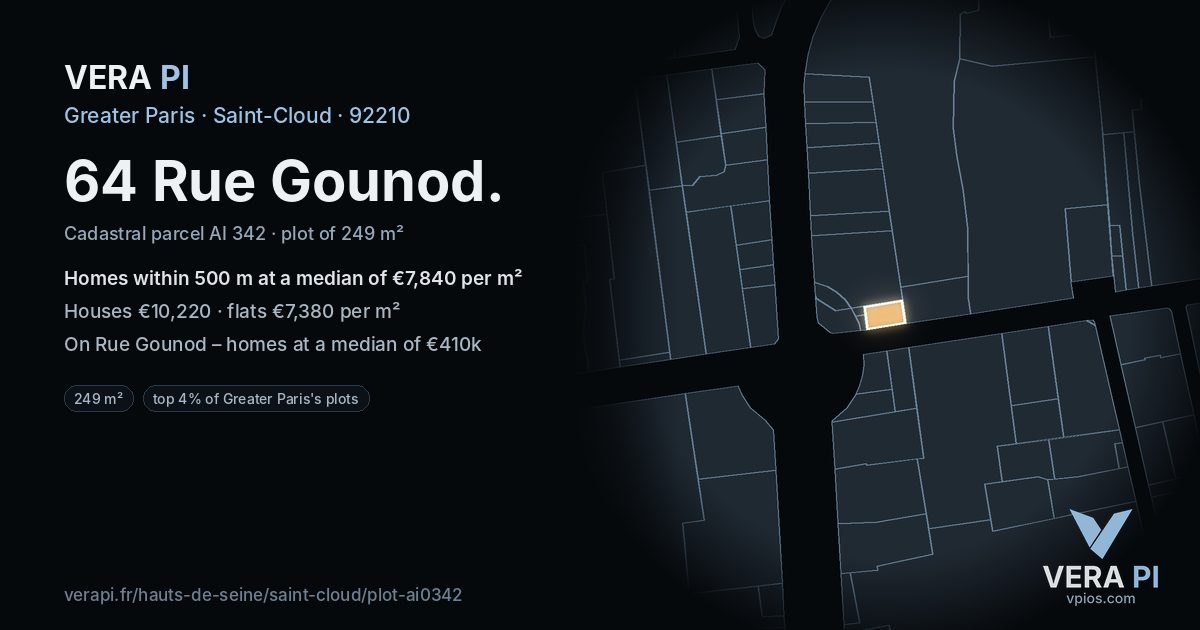64 Rue Gounod, Saint-Cloud at night – the plot lit, the parcels around coloured by the prices near them