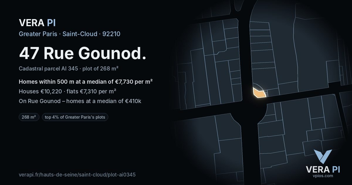 47 Rue Gounod, Saint-Cloud at night – the plot lit, the parcels around coloured by the prices near them
