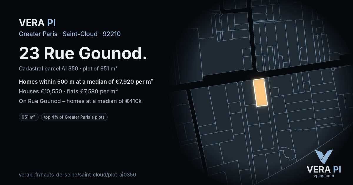 23 Rue Gounod, Saint-Cloud at night – the plot lit, the parcels around coloured by the prices near them